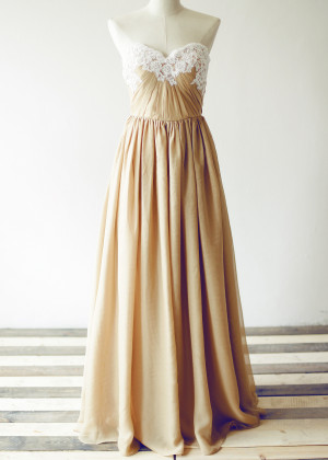 Champagne Chiffon Lace Decorated Neckline Prom Dress